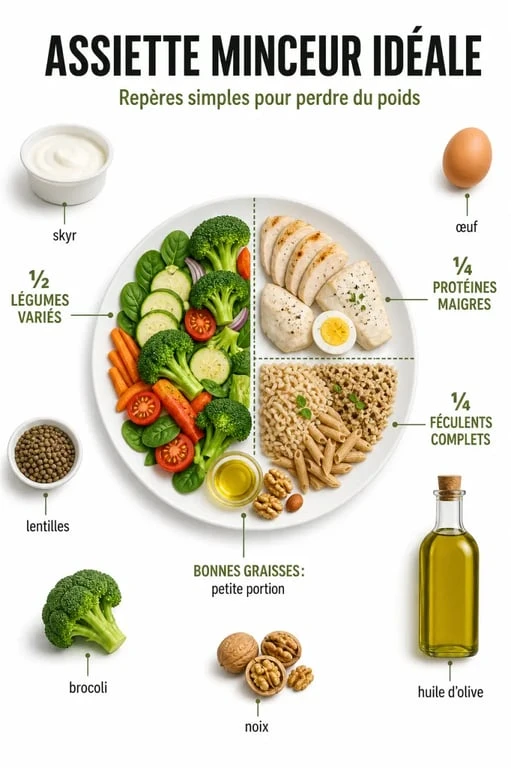 Que faut il manger pour perdre du poids : assiette minceur équilibrée avec légumes, protéines maigres et féculents complets