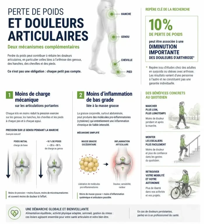 Infographie sur la perte de poids et douleurs articulaires : charge mécanique, inflammation et arthrose