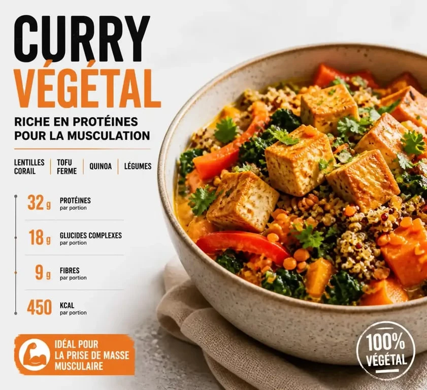 Recette riche en proteine musculation végétale : curry de lentilles, tofu et quinoa