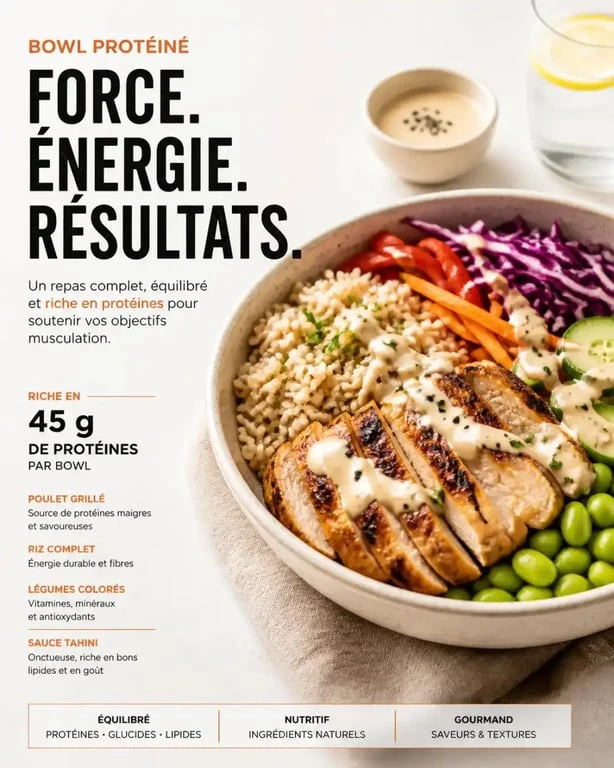 Recette riche en proteine musculation : bowl de poulet, riz complet et edamame