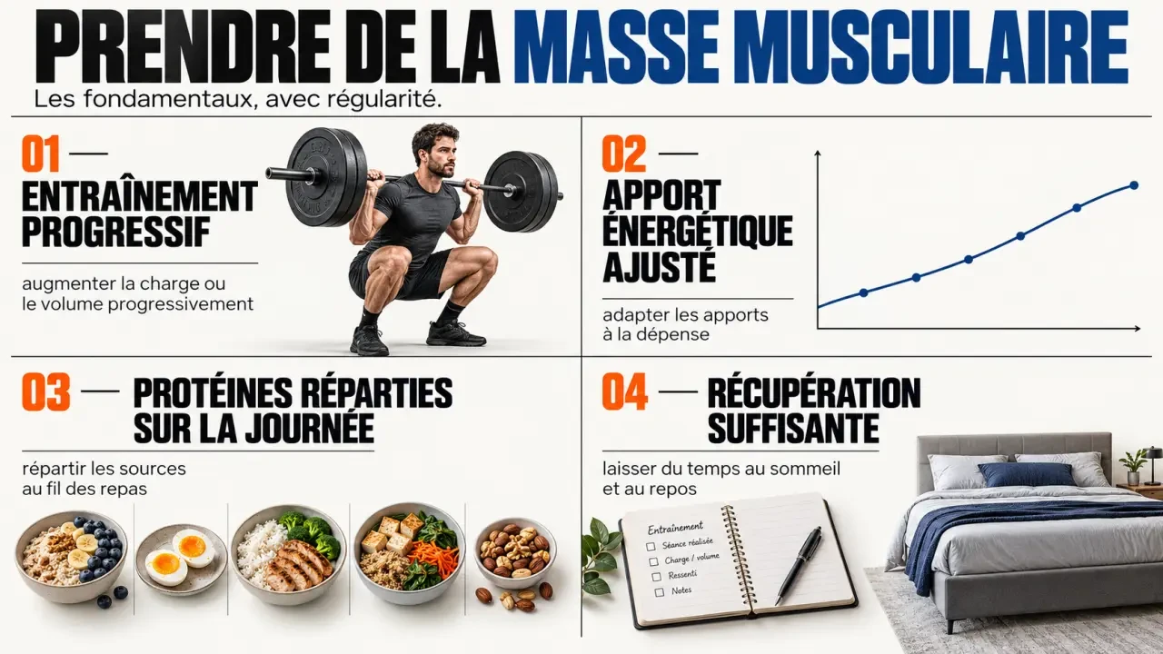 Prise de masse musculaire : entraînement progressif, alimentation adaptée et récupération